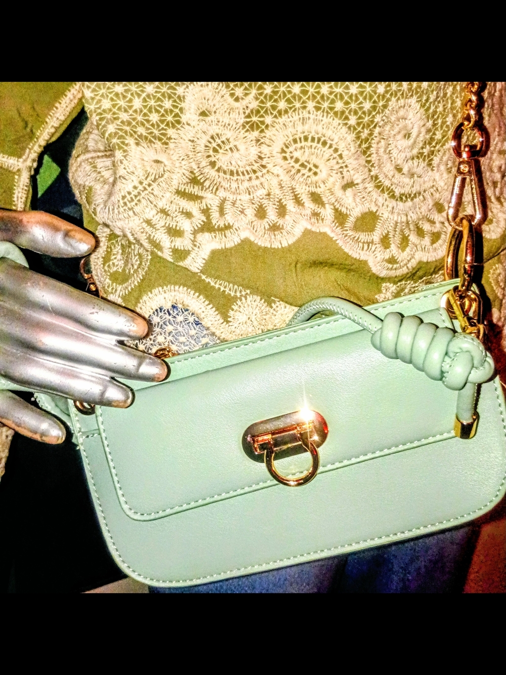 Mint-Toned Leather Crossbody with Knotted Strap and Gold Hardware
